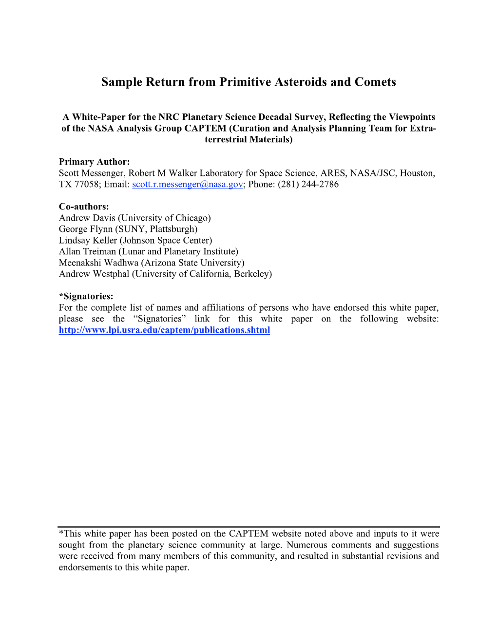 Sample Return from Primitive Asteroids and Comets