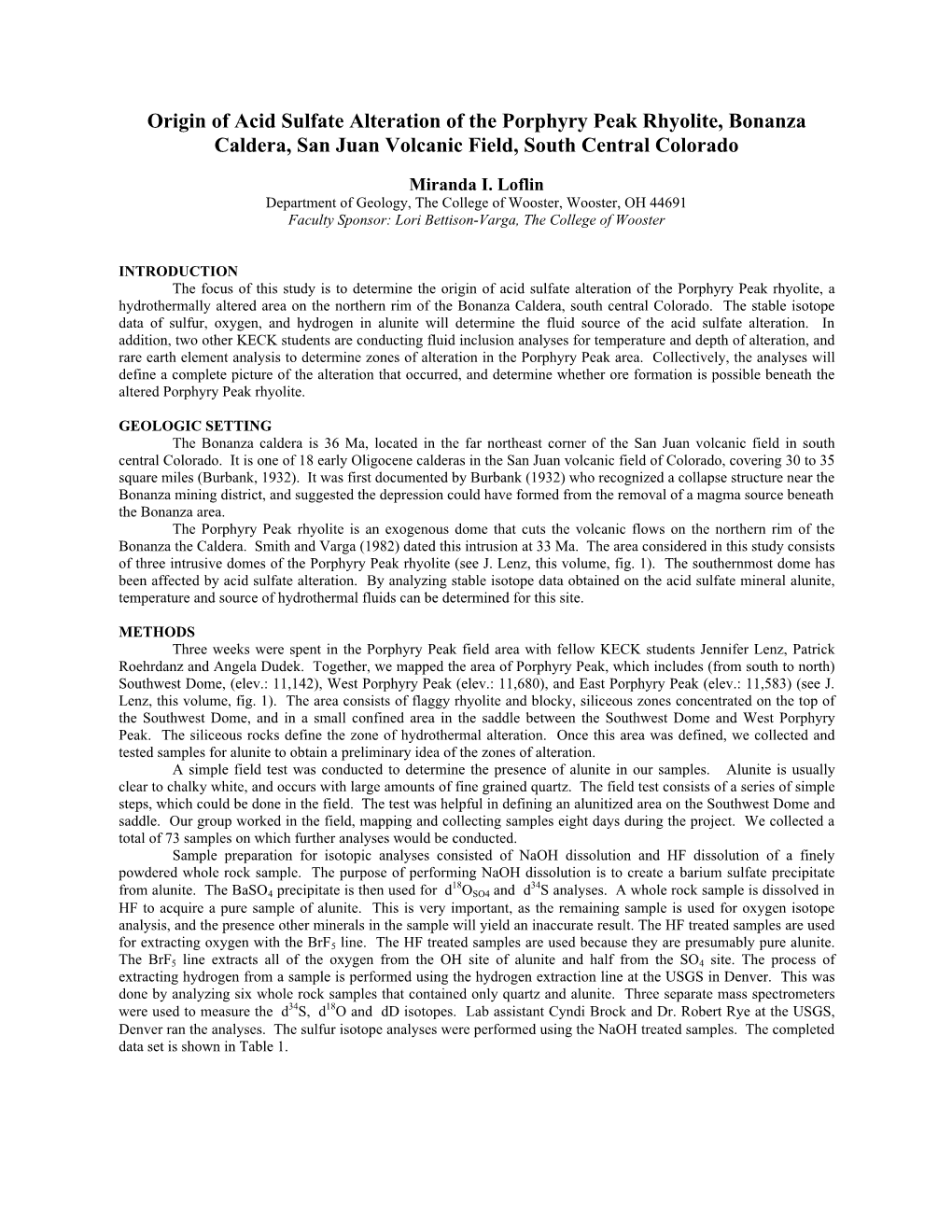 Origin of Acid Sulfate Alteration of the Porphyry Peak Rhyolite, Bonanza Caldera, San Juan Volcanic Field, South Central Colorado