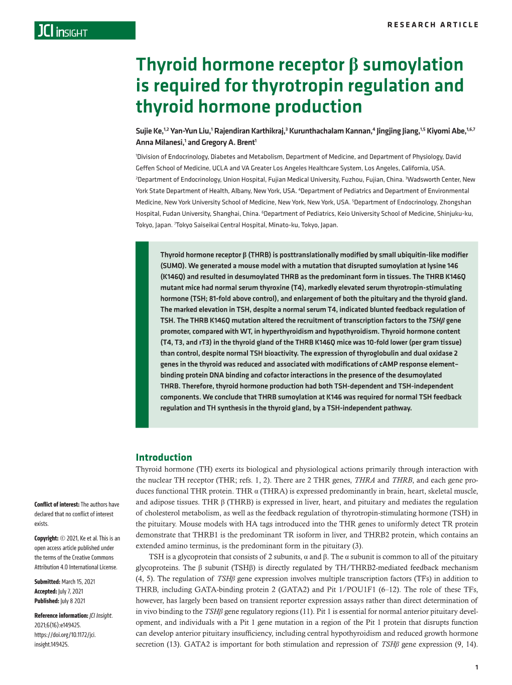 Thyroid Hormone Receptor Beta Sumoylation Is Required For