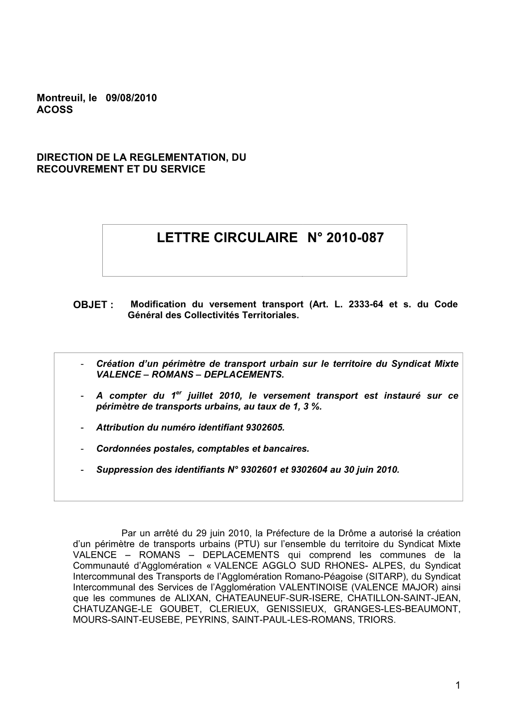 Modification Du Versement Transport (Art. L. 2333-64 Et S. Du Code Général Des Collectivités Territoriales