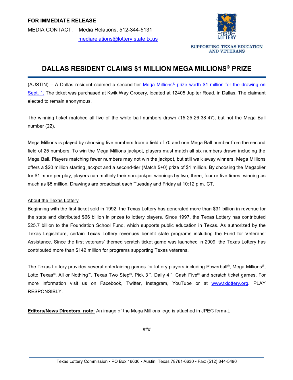 Dallas Resident Claims $1 Million Mega Millions® Prize