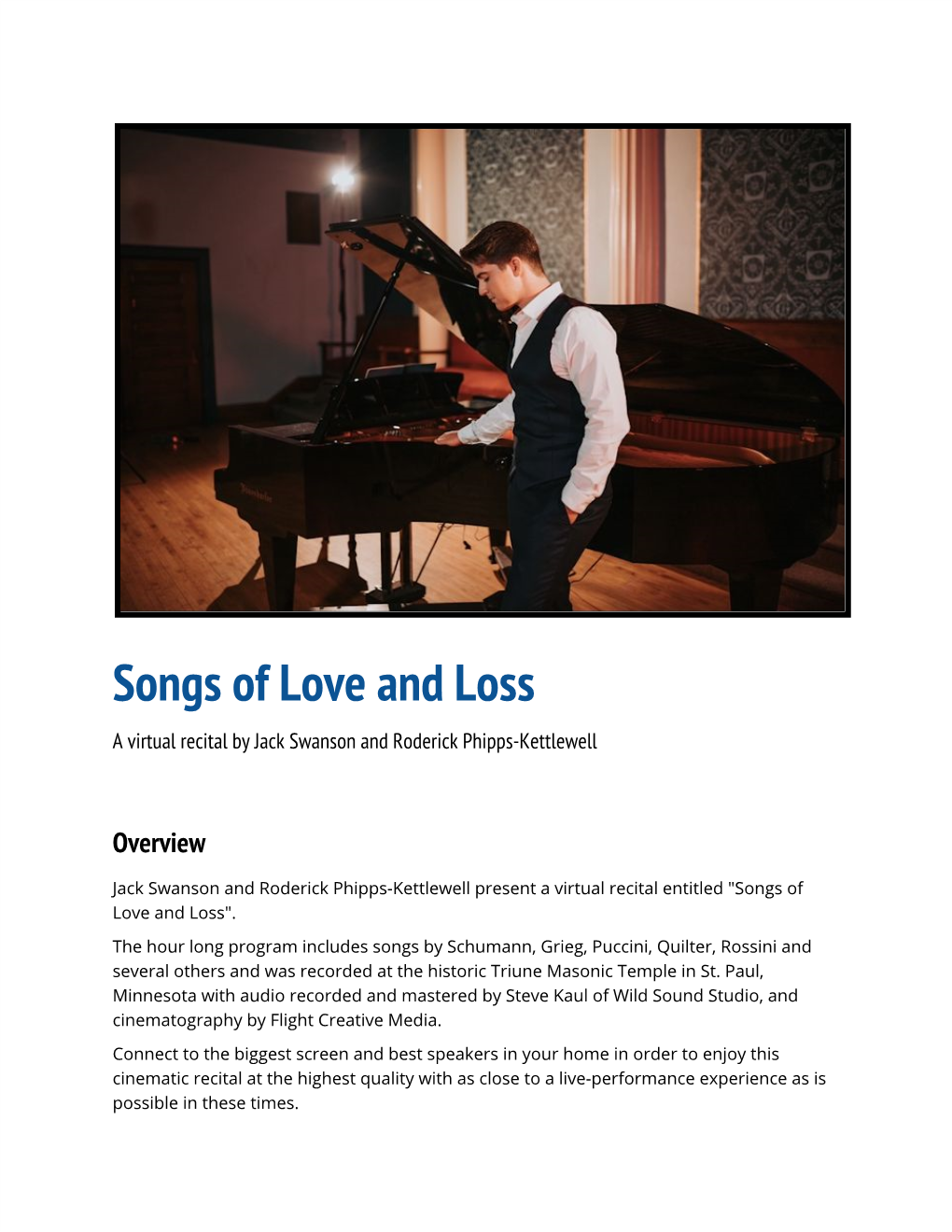 Songs of Love and Loss a Virtual Recital by Jack Swanson and Roderick Phipps-Kettlewell