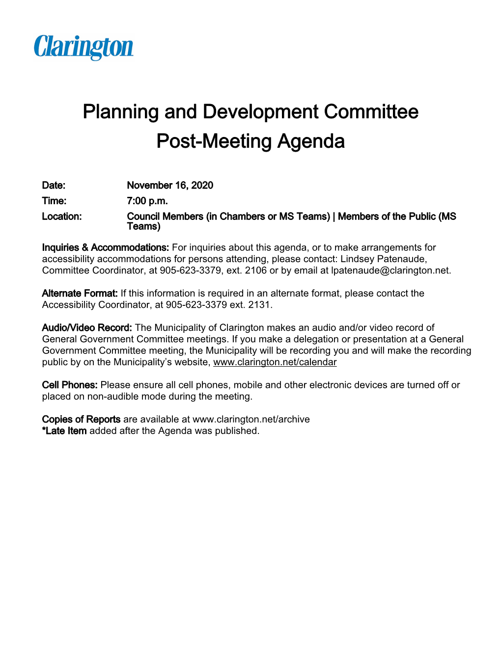 Planning and Development Committee Post-Meeting Agenda
