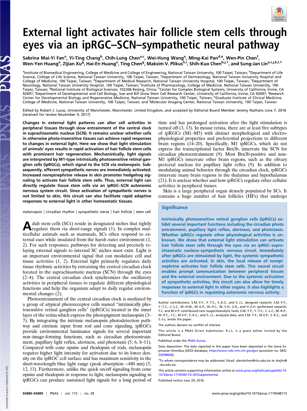 External Light Activates Hair Follicle Stem Cells Through Eyes Via an Iprgc–SCN–Sympathetic Neural Pathway