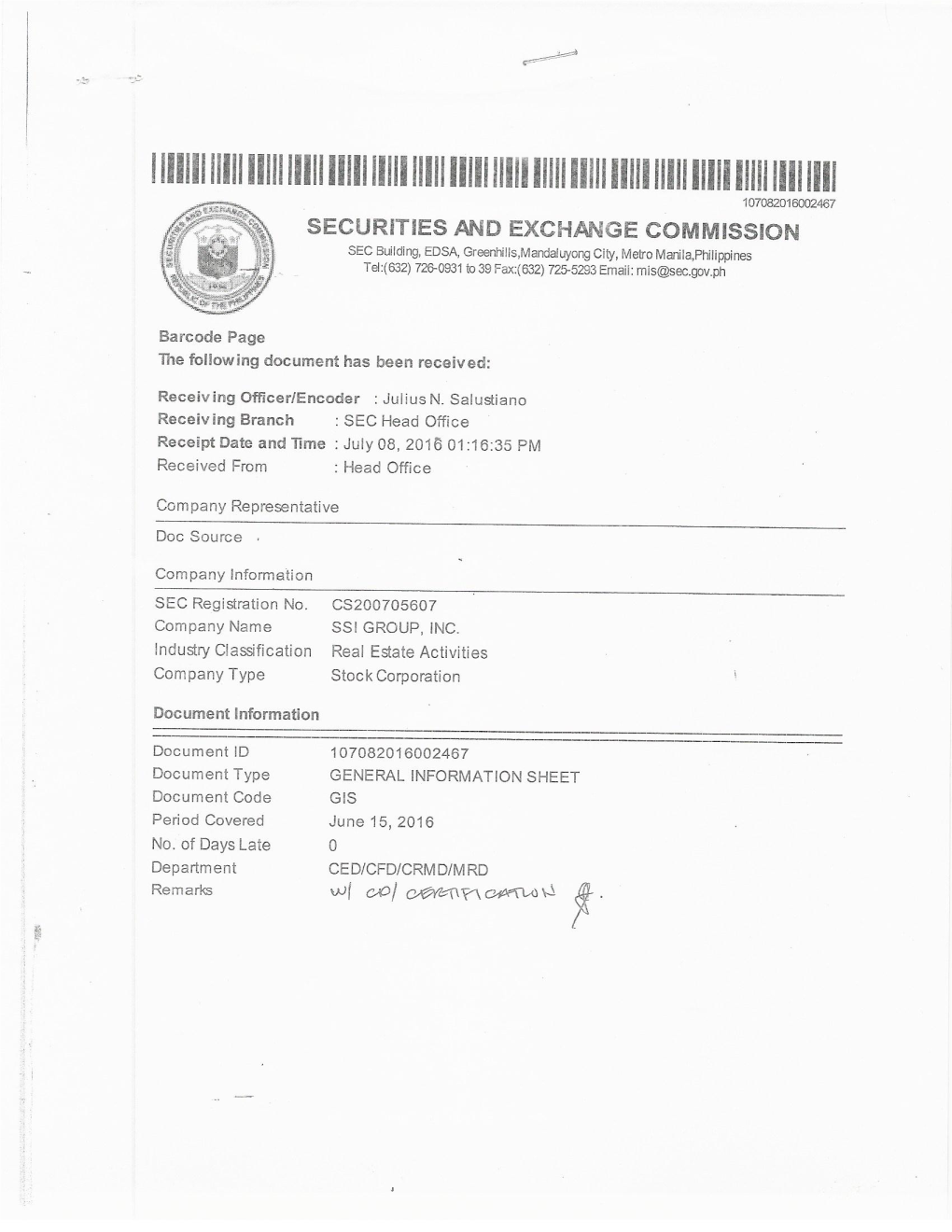 General Information Sheet (Gis) for the Year 2016