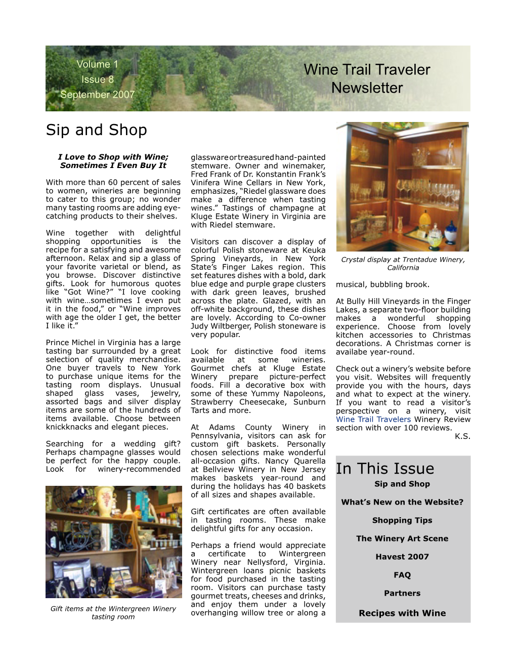 Sip and Shop Wine Trail Traveler Newsletter in This Issue