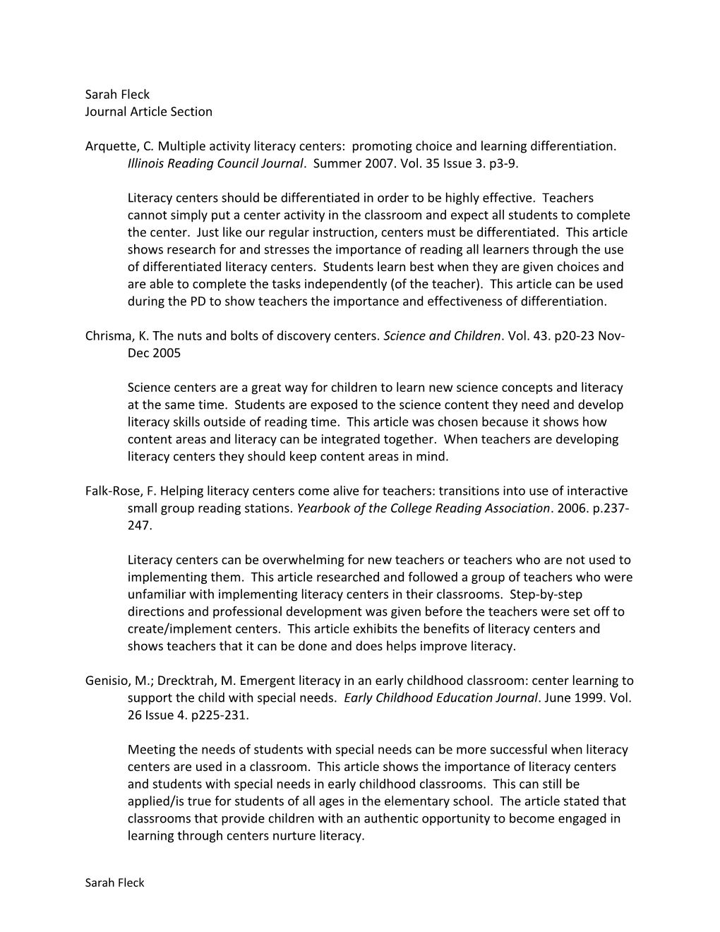 Arquette, C. Multiple Activity Literacy Centers: Promoting Choice and Learning Differentiation