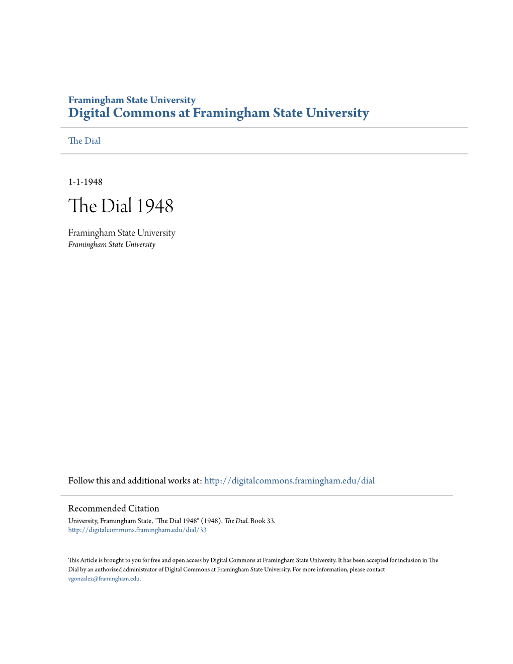 The Dial 1948 Framingham State University Framingham State University