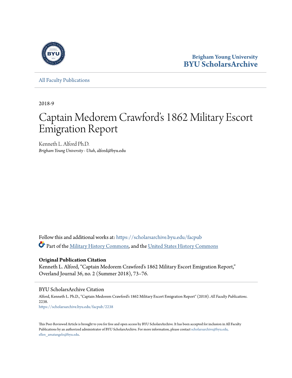 Captain Medorem Crawford's 1862 Military Escort Emigration Report