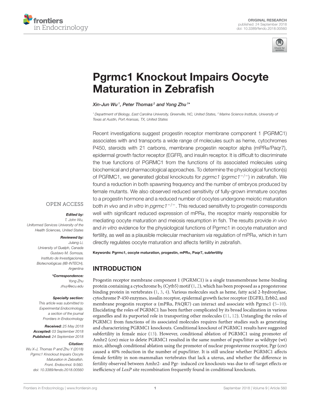 Pgrmc1 Knockout Impairs Oocyte Maturation in Zebrafish