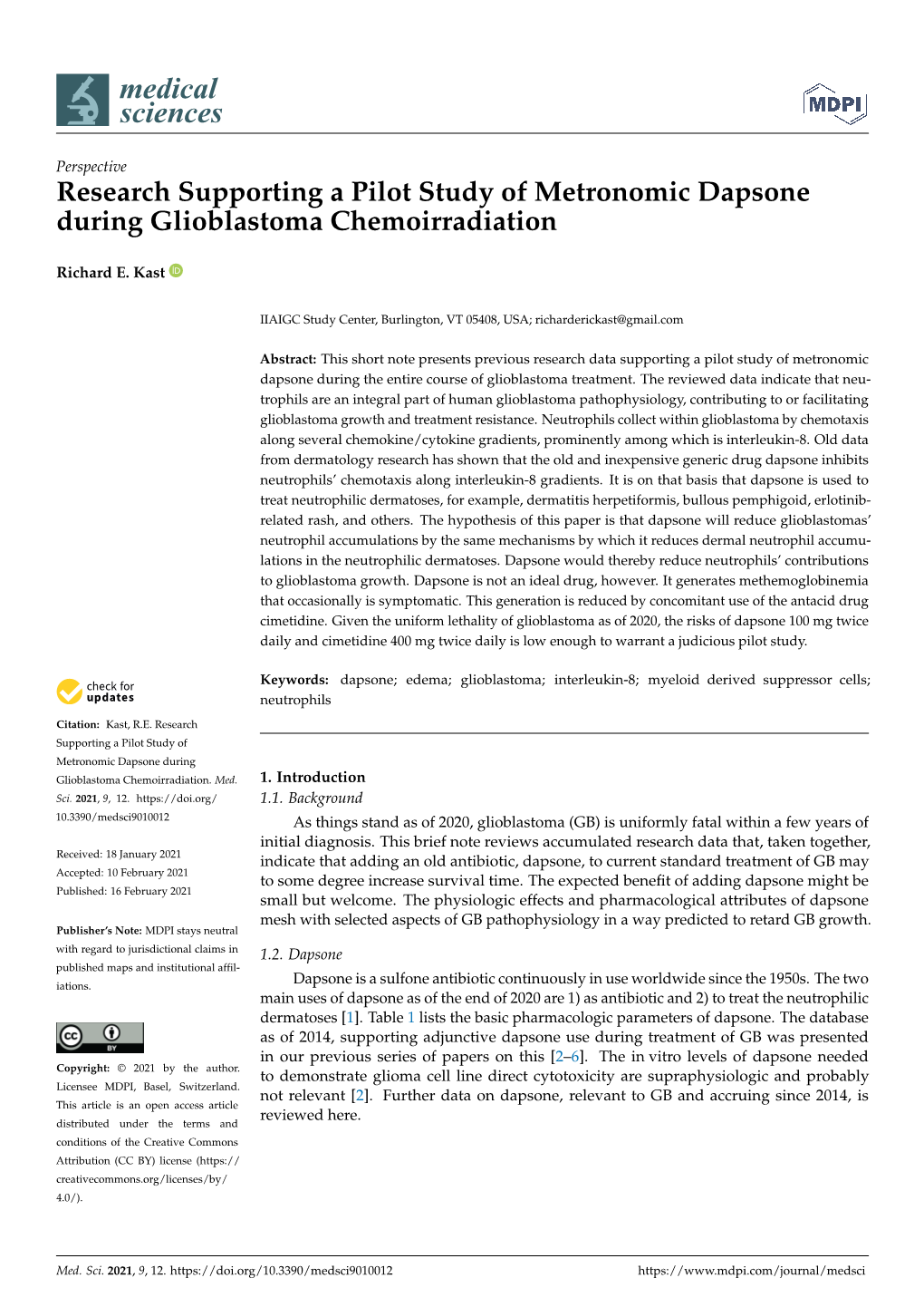 Research Supporting a Pilot Study of Metronomic Dapsone During Glioblastoma Chemoirradiation