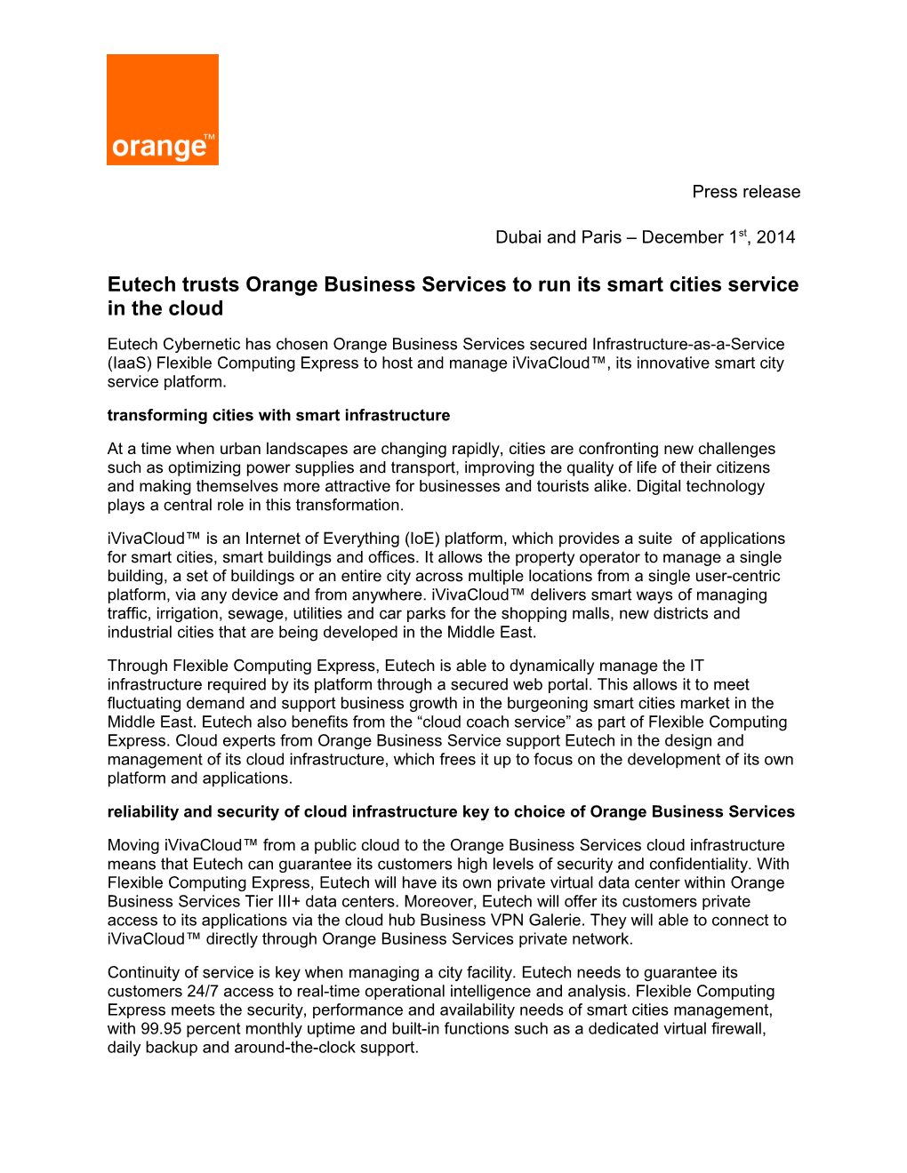 Eutech Trusts Orange Business Services to Run Its Smart Cities Service in the Cloud