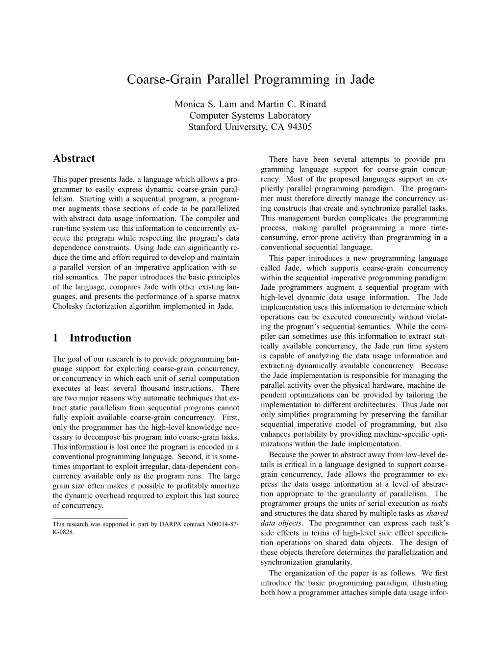 Coarse-Grain Parallel Programming in Jade