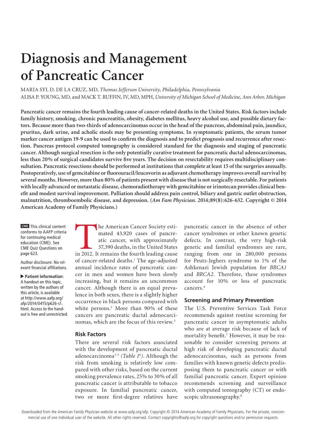 Diagnosis and Management of Pancreatic Cancer MARIA SYL D