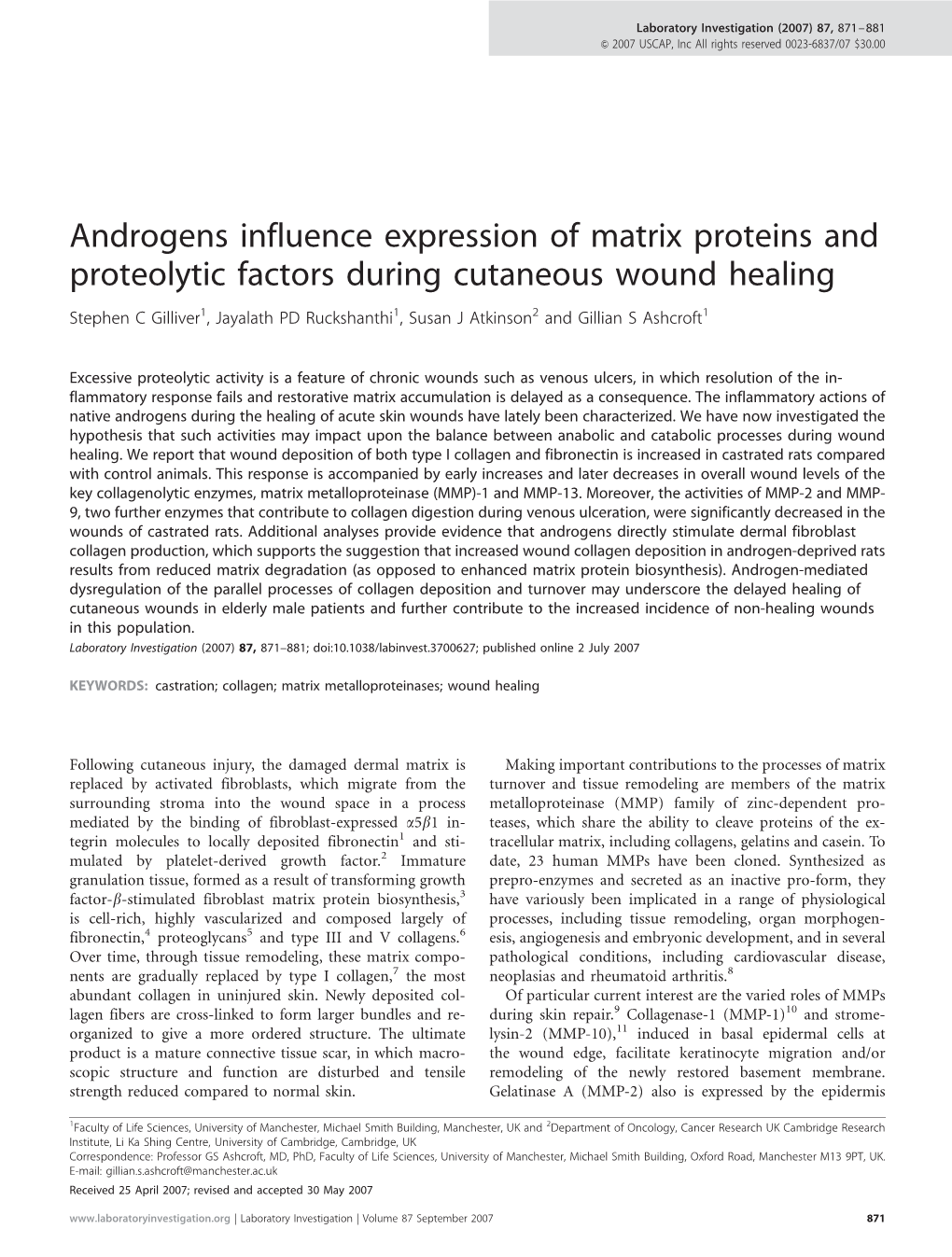 Androgens Influence Expression of Matrix Proteins and Proteolytic