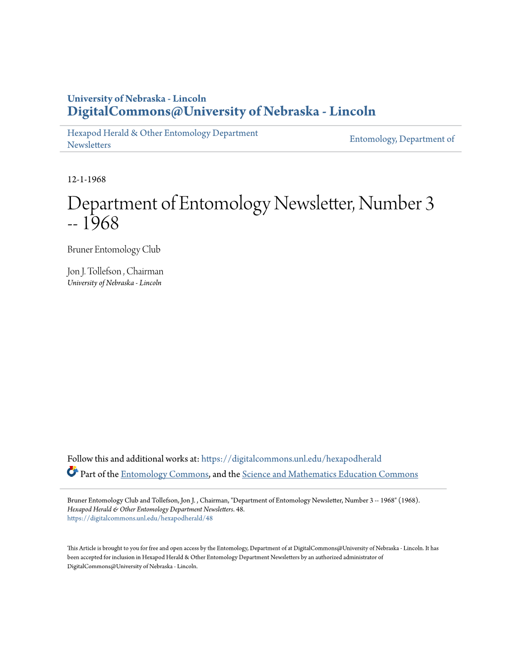 Department of Entomology Newsletter, Number 3 -- 1968 Bruner Entomology Club