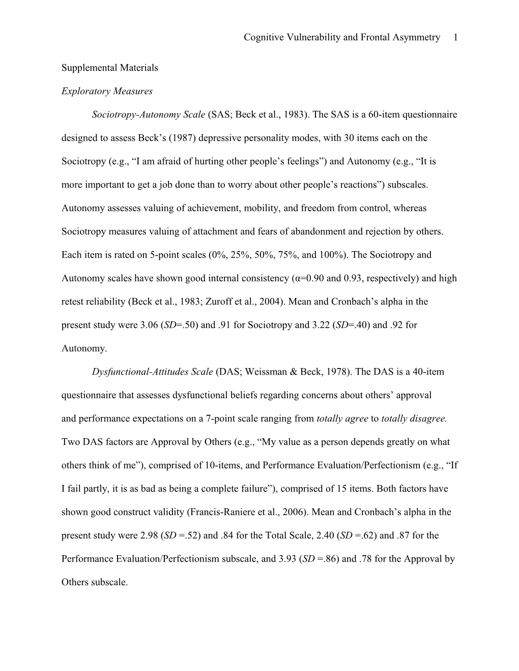 Cognitive Vulnerability and Frontal Asymmetry