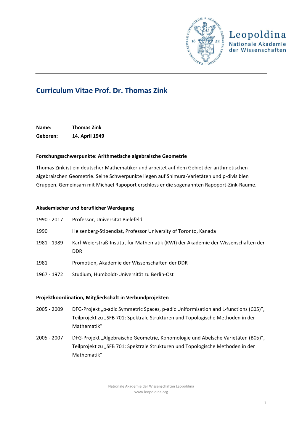 Curriculum Vitae Prof. Dr. Thomas Zink