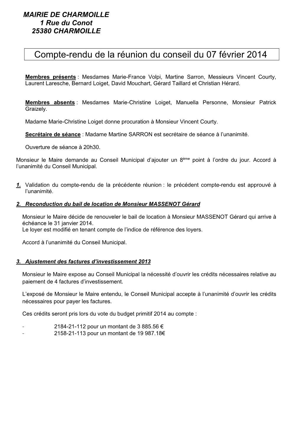 Compte-Rendu De La Réunion Du Conseil Du 07 Février 2014