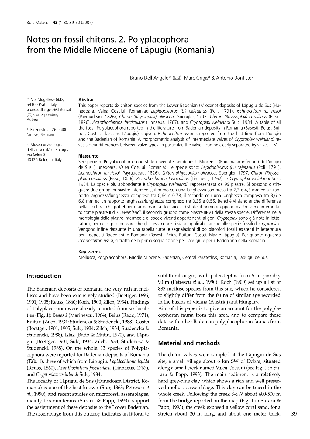 Notes on Fossil Chitons. 2. Polyplacophora from the Middle Miocene of La¨Pugiu (Romania)