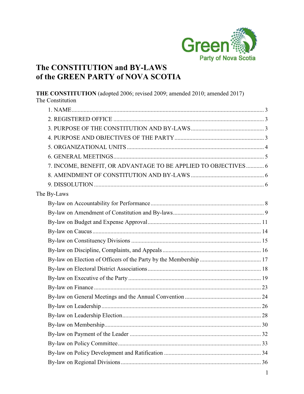 The CONSTITUTION and BY-LAWS of the GREEN PARTY of NOVA SCOTIA