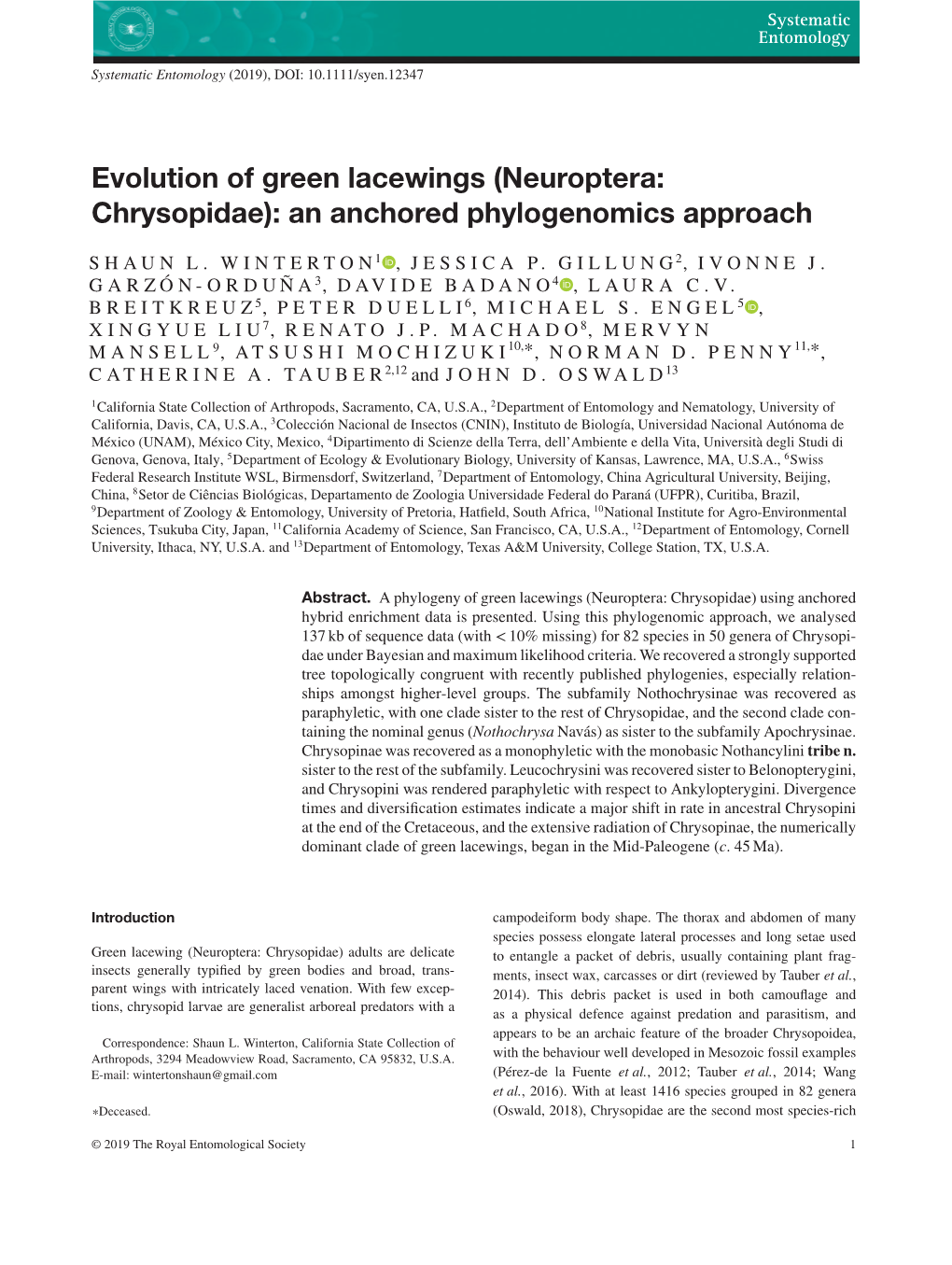 (Neuroptera: Chrysopidae): an Anchored Phylogenomics Approach