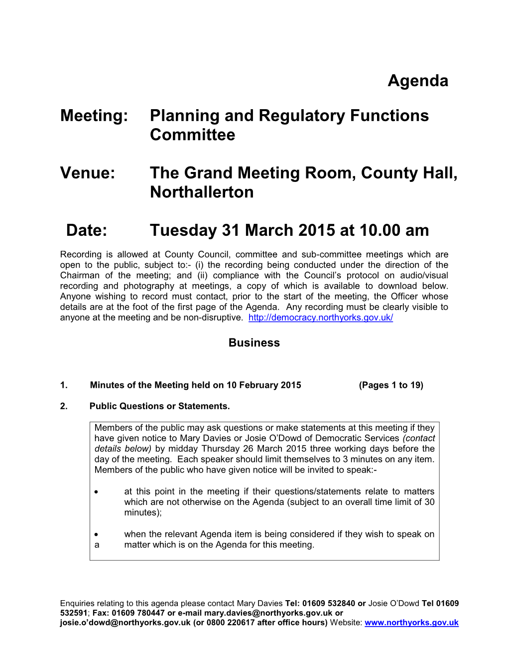 Agenda Meeting: Planning and Regulatory Functions Committee Venue