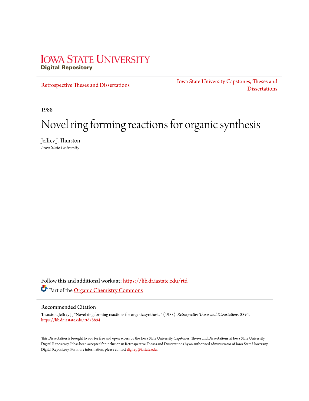 Novel Ring Forming Reactions for Organic Synthesis Jeffrey J