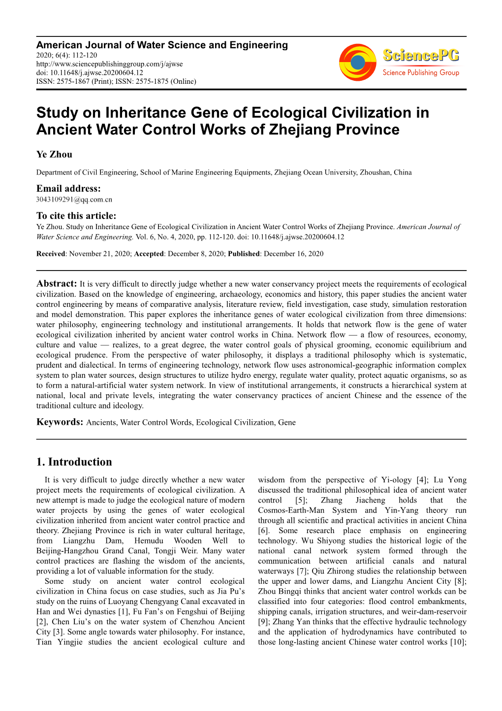 Study on Inheritance Gene of Ecological Civilization in Ancient Water Control Works of Zhejiang Province