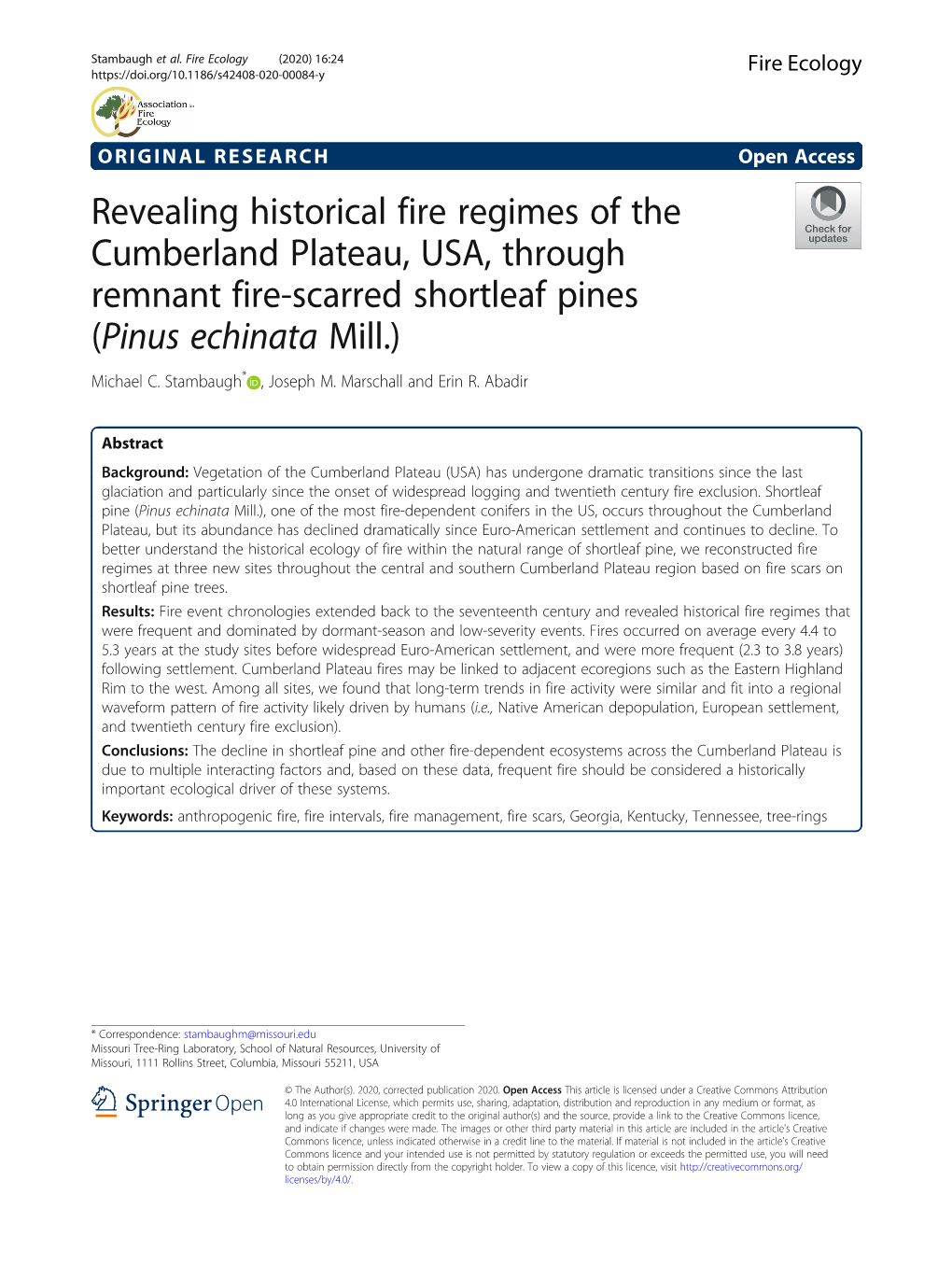 Revealing Historical Fire Regimes of the Cumberland Plateau, USA, Through Remnant Fire-Scarred Shortleaf Pines (Pinus Echinata Mill.) Michael C