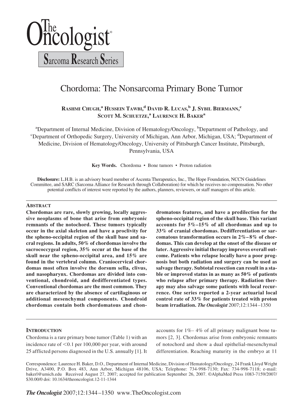 Chordoma: the Nonsarcoma Primary Bone Tumor