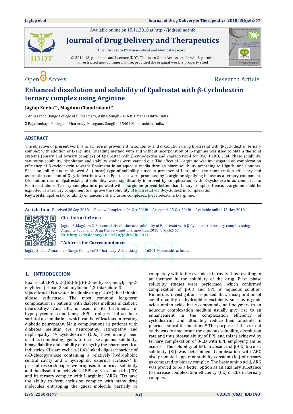 Enhanced Dissolution and Solubility of Epalrestat with Β-Cyclodextrin