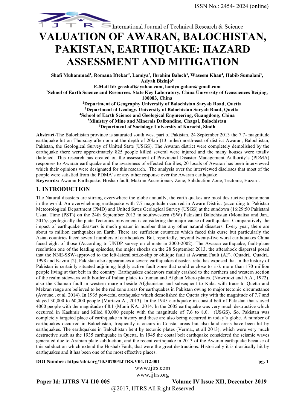 Valuation of Awaran, Balochistan, Pakistan, Earthquake: Hazard Assessment and Mitigation