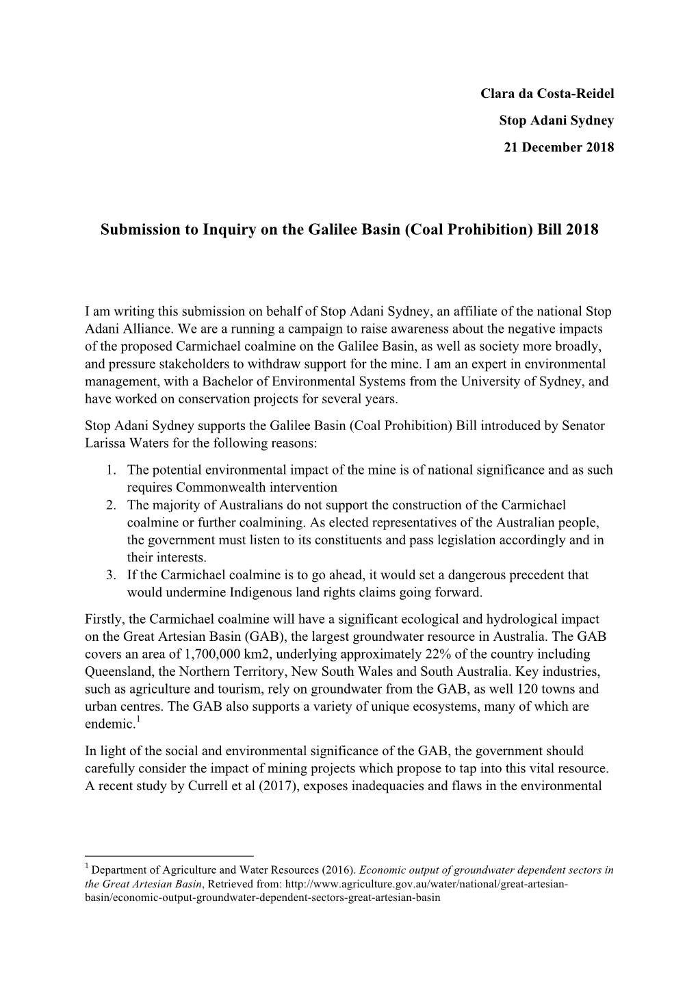 Submission to Inquiry on the Galilee Basin (Coal Prohibition) Bill 2018