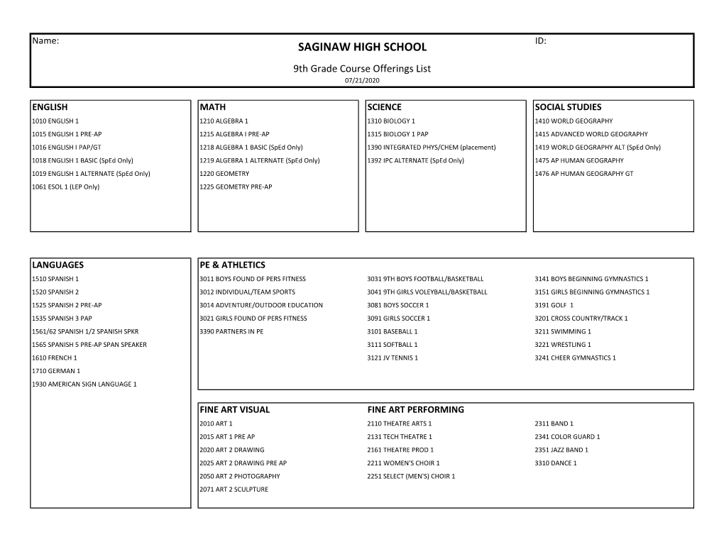 SAGINAW HIGH SCHOOL 9Th Grade Course Offerings List 07/21/2020