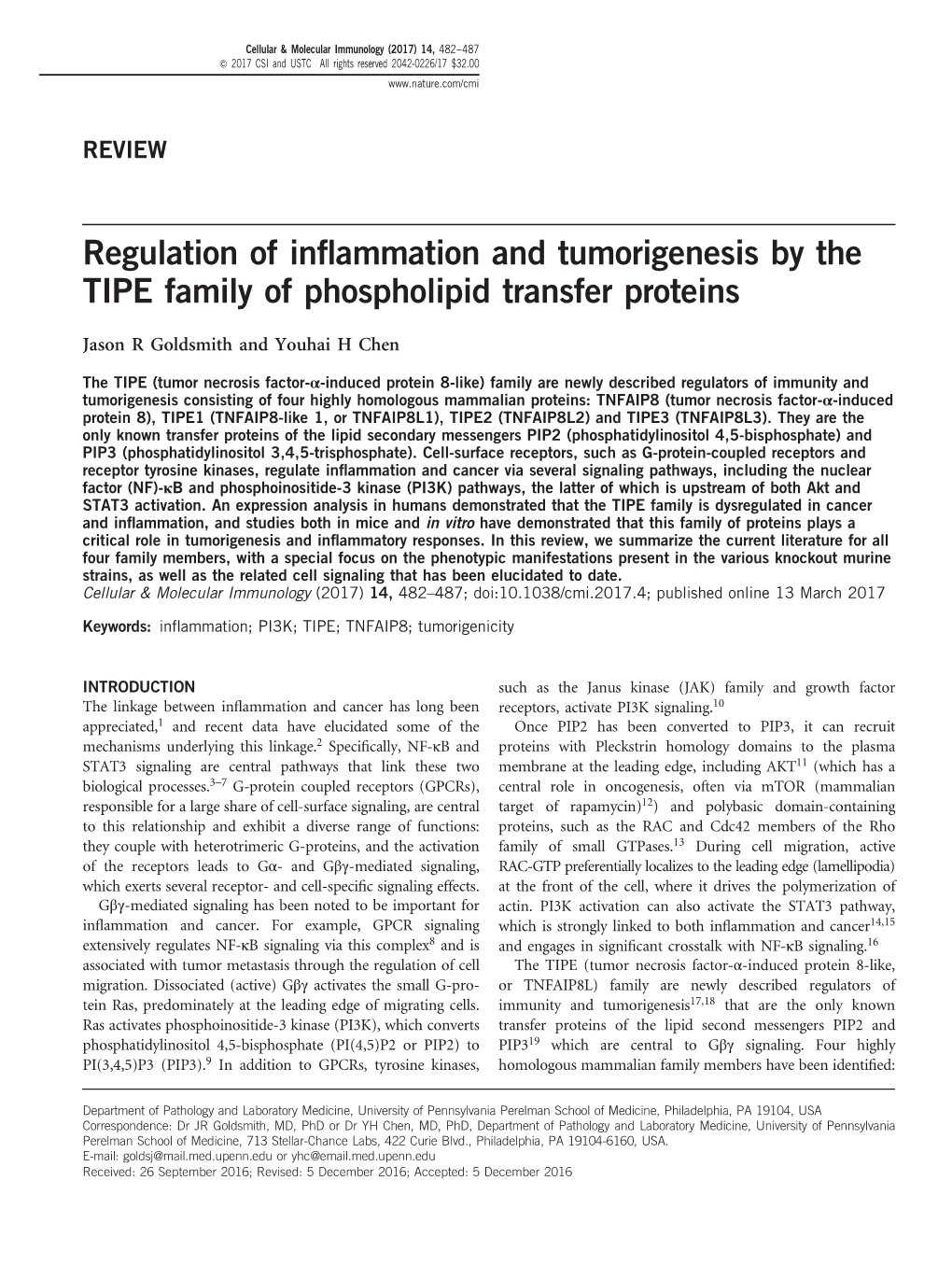Regulation of Inflammation and Tumorigenesis by the TIPE Family Of