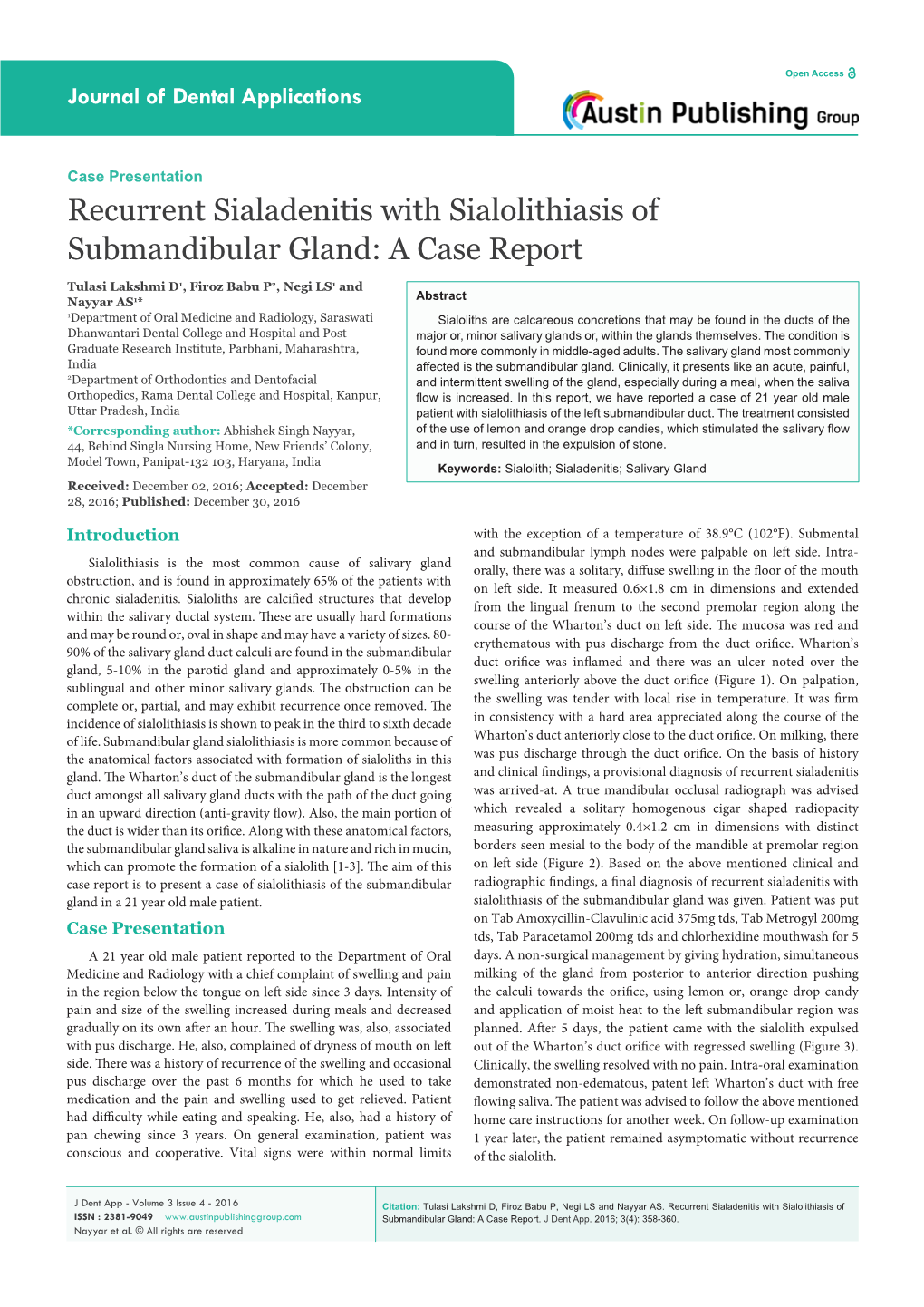 Recurrent Sialadenitis with Sialolithiasis of Submandibular Gland: a Case Report