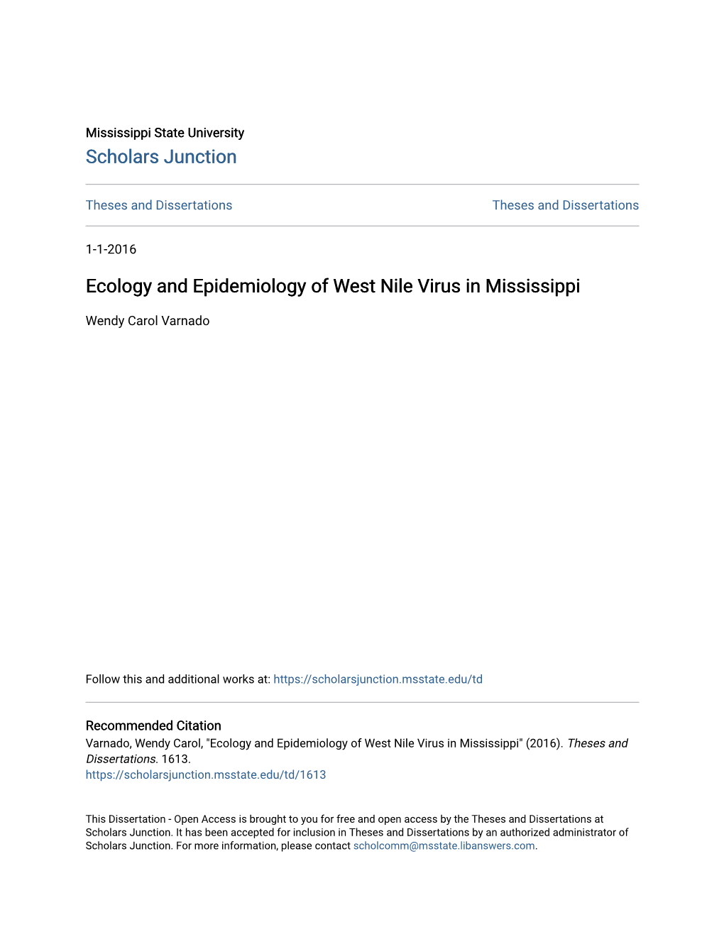 Ecology and Epidemiology of West Nile Virus in Mississippi