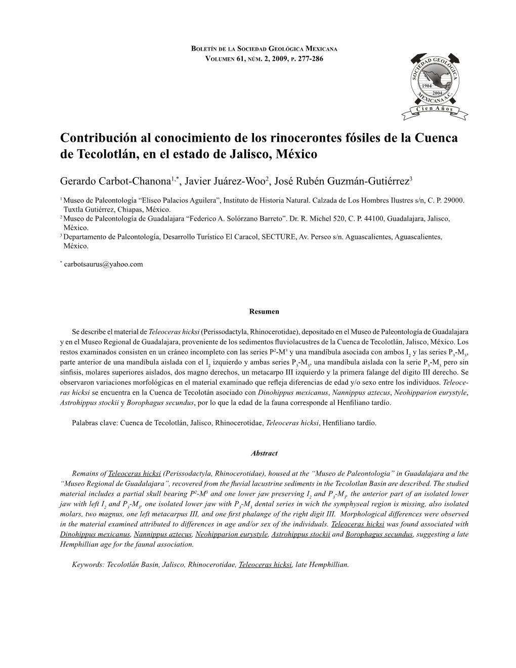 Contribución Al Conocimiento De Los Rinocerontes Fósiles De La Cuenca De Tecolotlán, En El Estado De Jalisco, México 277 Boletín De La Sociedad Geológica Mexicana