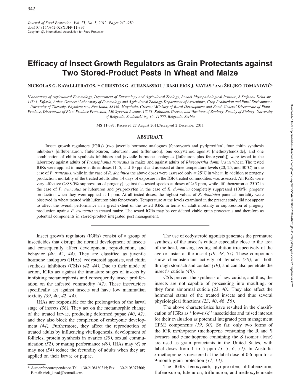 Efficacy of Insect Growth Regulators As Grain Protectants Against Two Stored-Product Pests in Wheat and Maize