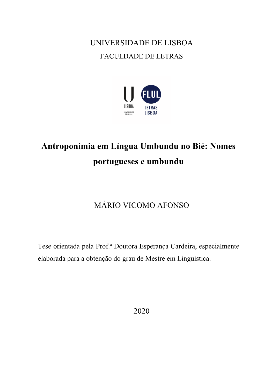 Antroponímia Em Língua Umbundu No Bié: Nomes Portugueses E Umbundu