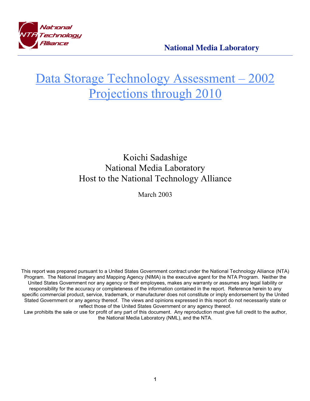 Data Storage Technology Assessment – 2002 Projections Through 2010