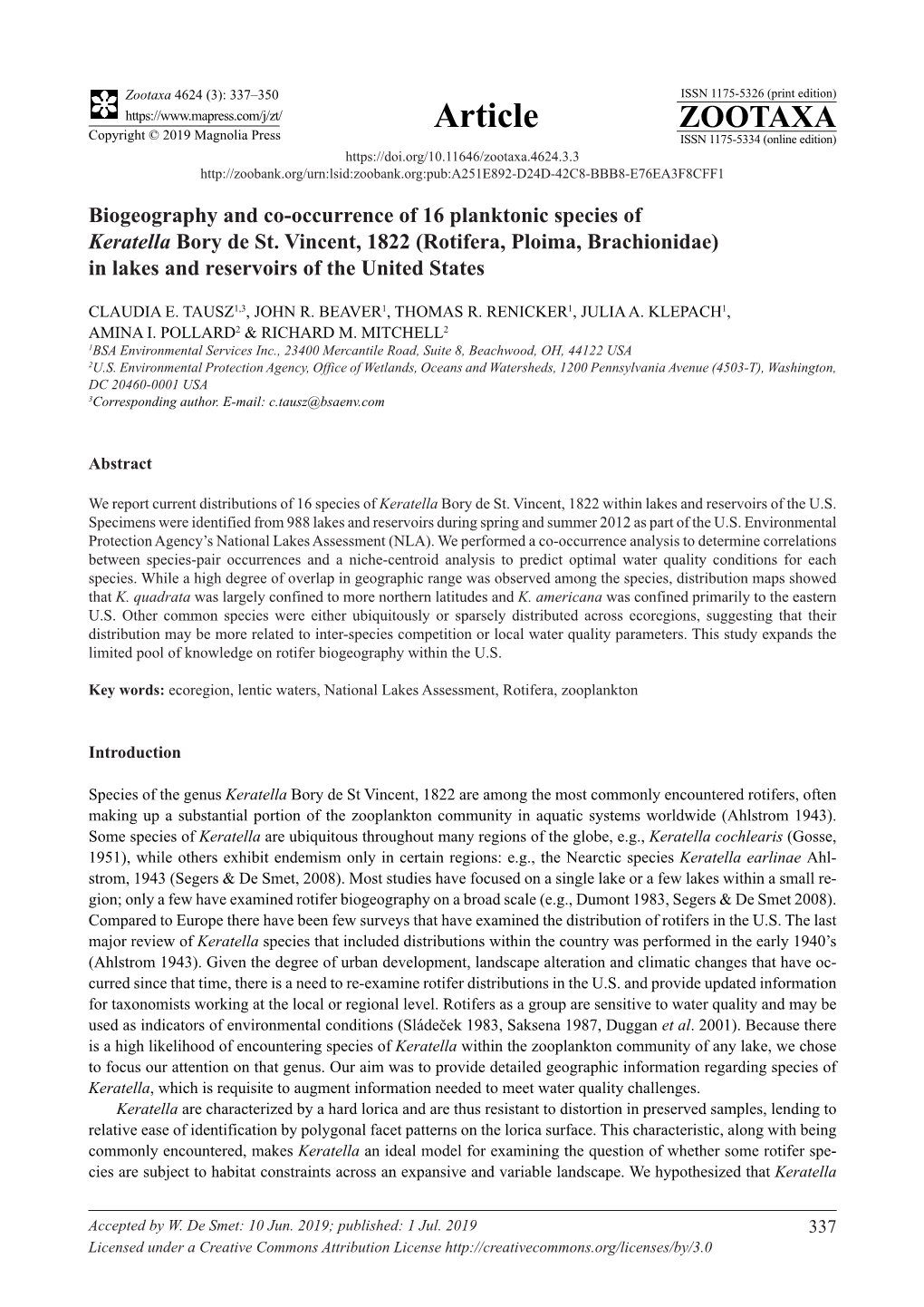 Biogeography and Co-Occurrence of 16 Planktonic Species of Keratella Bory De St