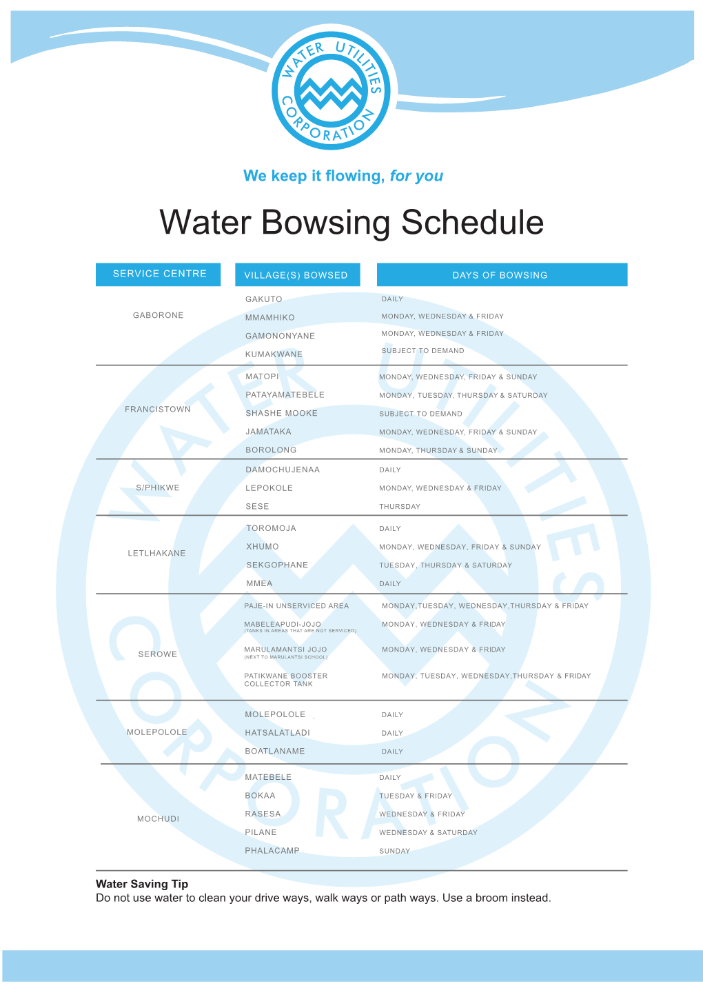 Bowsing Schedule