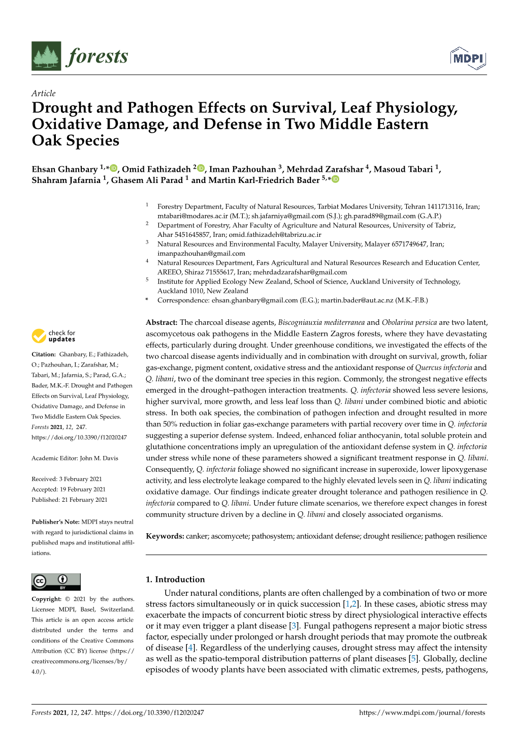 Drought and Pathogen Effects on Survival, Leaf Physiology, Oxidative Damage, and Defense in Two Middle Eastern Oak Species