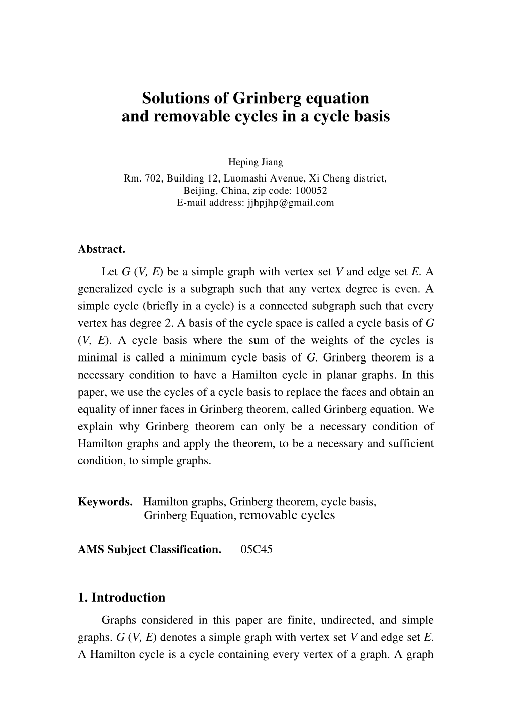 Solutions of Grinberg Equation and Removable Cycles in a Cycle Basis