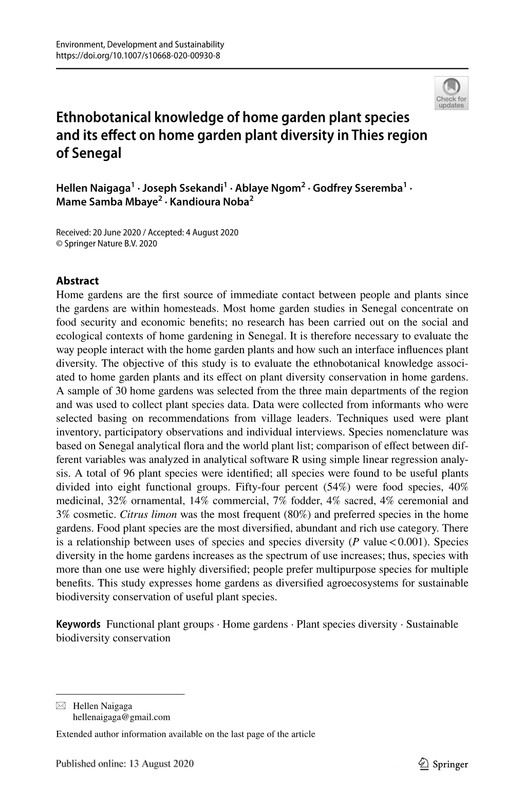 Ethnobotanical Knowledge of Home Garden Plant Species and Its Effect