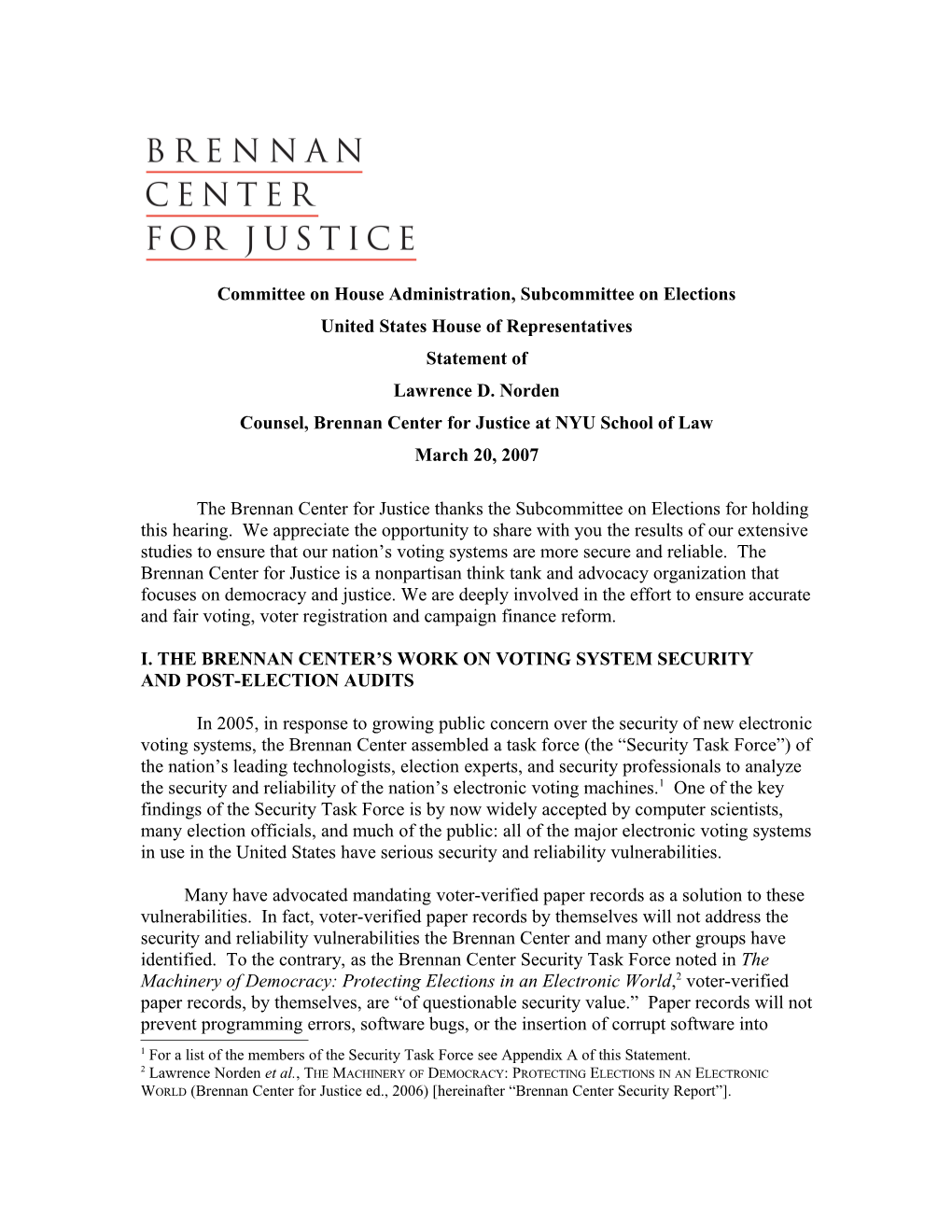 Written Testimony of the Brennan Center for Justice at New York University School of Law