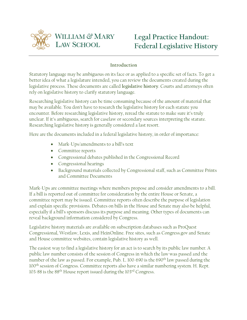Legal Practice Handout: Federal Legislative History