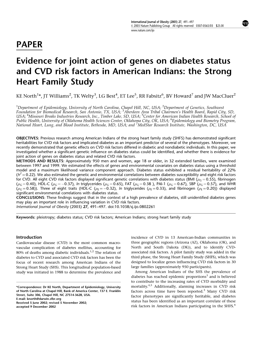 PAPER Evidence for Joint Action of Genes on Diabetes Status and CVD Risk Factors in American Indians: the Strong Heart Family Study